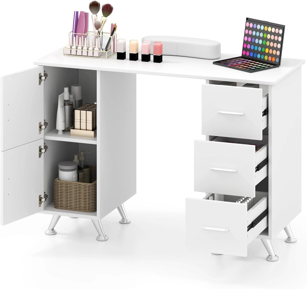 COSTWAY Tavolo per Manicure, Tavolo per Unghie con Cassetti, Cuscino Poggia Polsi e Gambe in Metallo, Stazione per Unghie Estetista Nail Art per Salone di Bellezza (Bianco)