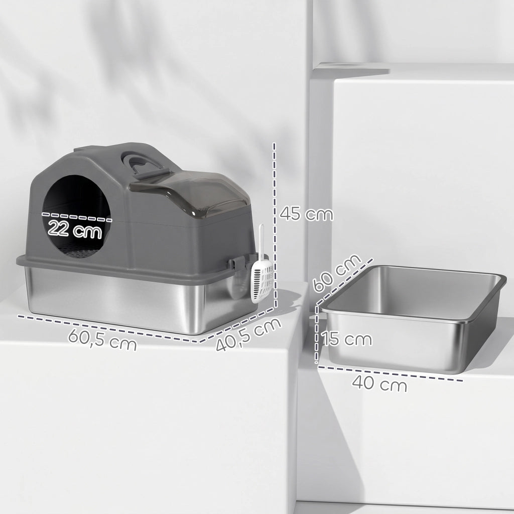Lettiera Gatto Chiusa XL 60,5x40,5x45 cm con Coperchio Paletta Tappetino di Raccolta in Acciaio Inox Grigio Scuro