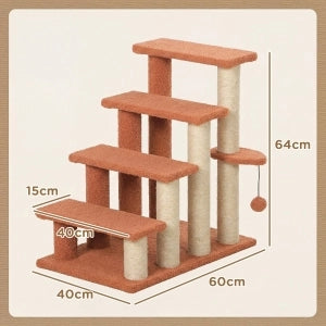 Tiragraffi per gatti con scala a 4 livelli piattaforma intermedia pallina in legno marrone 60 × 40 × 64 cm