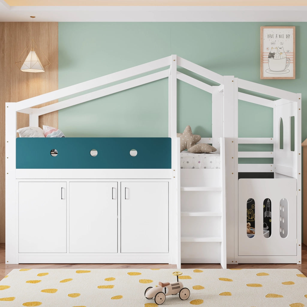 Letto a Soppalco 90 x 200 cm - Casetta; Armadio Contenitore e Scala - Bianco