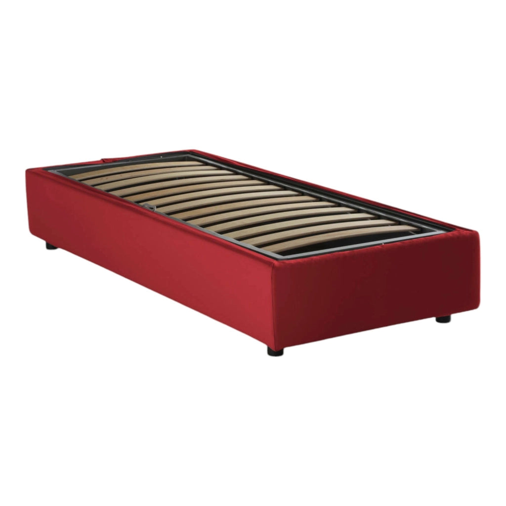 Letto singolo Addison, Letto contenitore con rivestimento in tessuto, Made in Italy, Apertura frontale, con materasso cm 90x190 incluso, Rosso