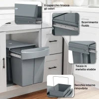 Pattumiera Estraibile Sottolavello per Differenziata con 2 Secchi da 20L, 52x33.5x41 cm, Grigio