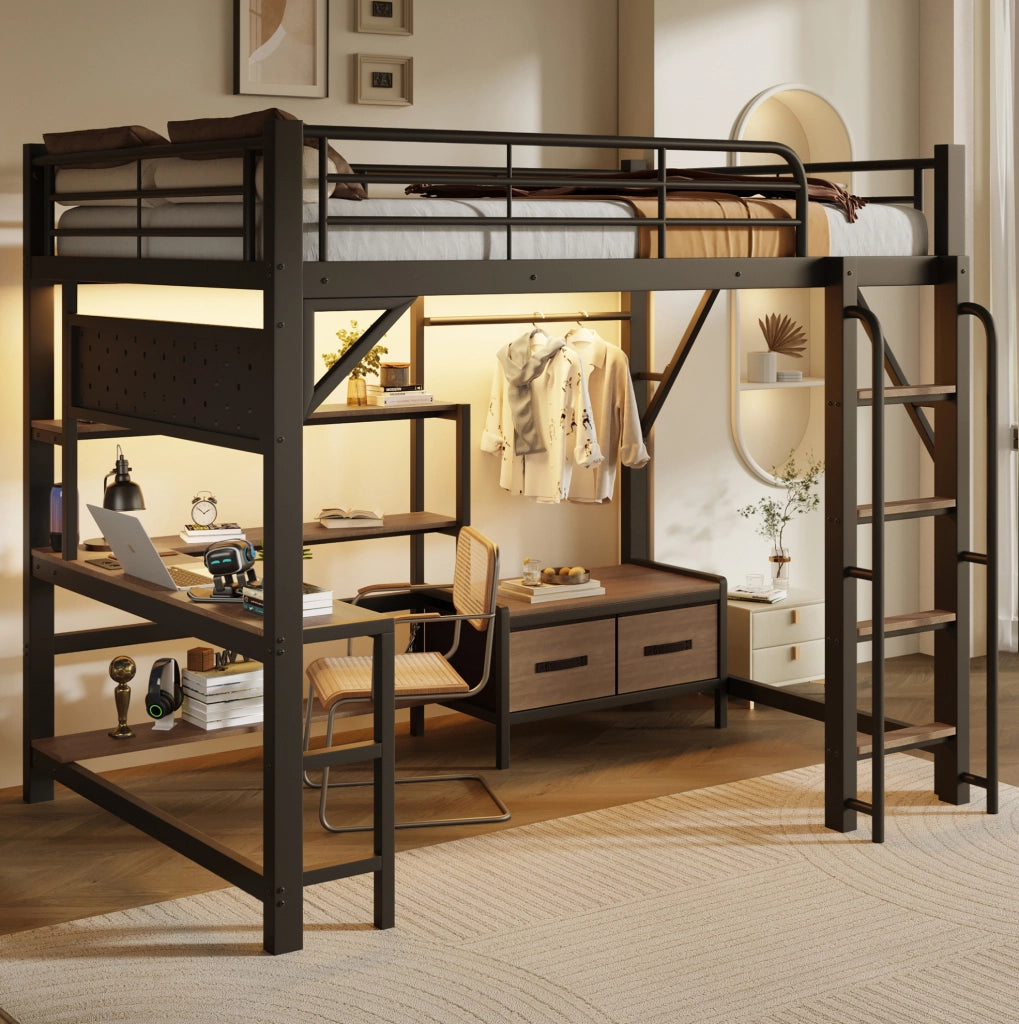 Letto a soppalco 140x200 cm con scrivania, LED e USB