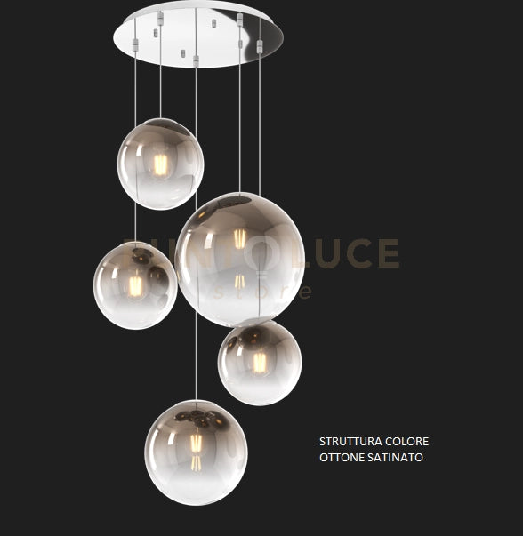 SOSP. OTTONE SAT. 5 LUCI TONDO VETRI (3 PICCOLI+1 MEDIO+1 GRANDE) TUTTI BRONZO 1194OS-S5 TMIX-BR