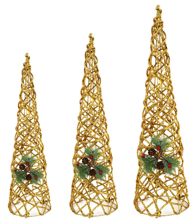 Set 3 Coni Natalizi Decorativi con Luci LED Bianco Caldo