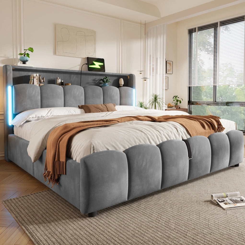 Letto imbottito 180x200 cm con luci LED; contenitore idraulico e porte USB; velluto grigio