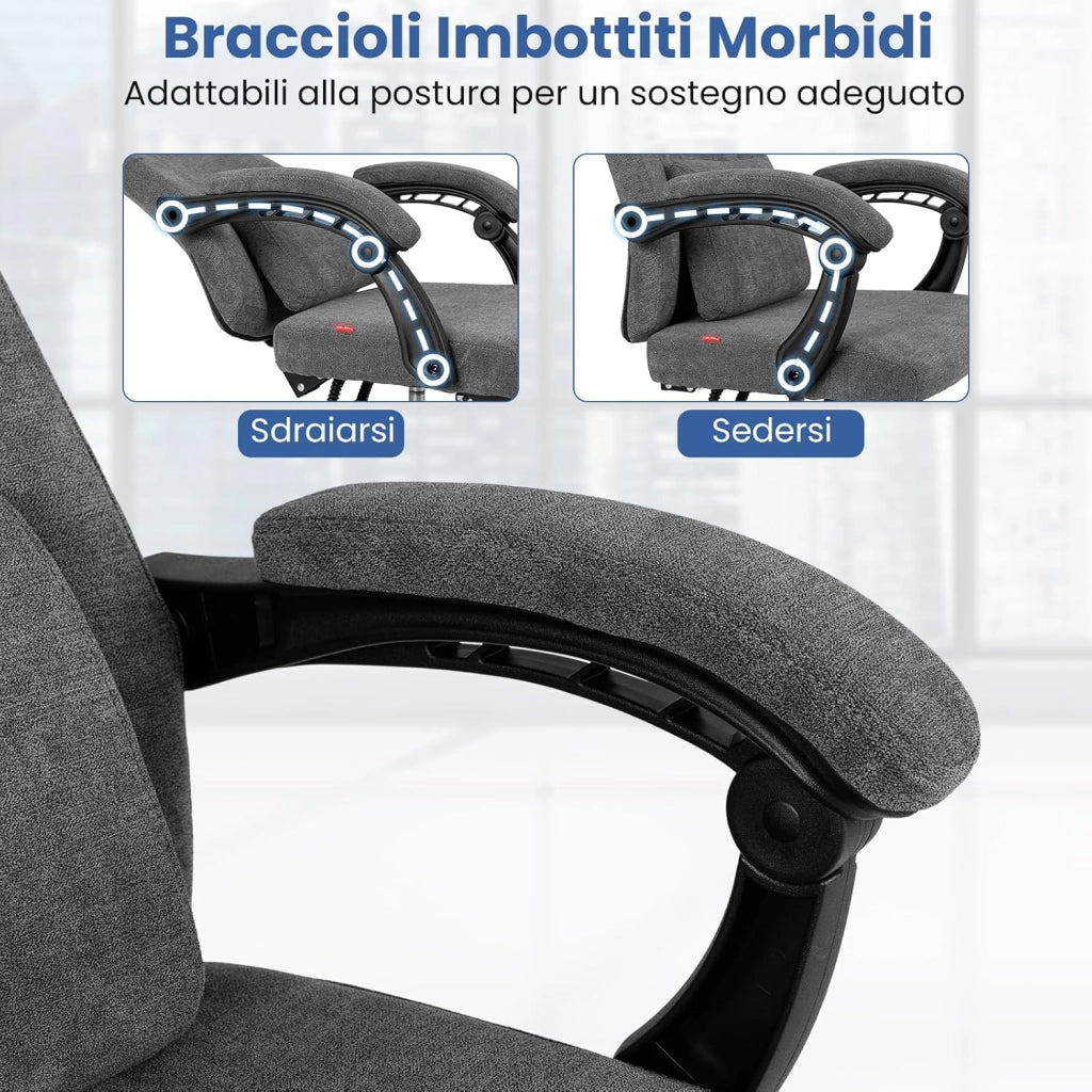 Sedia da Ufficio Reclinabile, Poltrona da Scrivania con Braccioli e Poggiapiedi Retrattile, Schienale Rogolabile, Poltrona Esecutiva Ergonomica con Cuscini per Collo e Lombari, Grigio