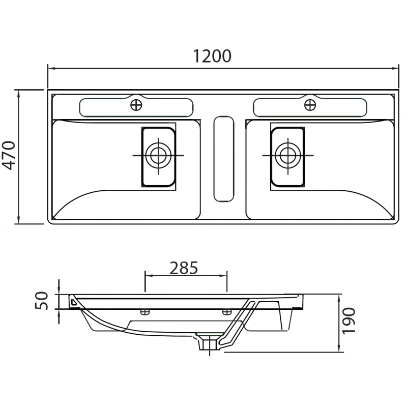 Lavabo doppio rettangolare sospeso QUATTRO 120x47x19 cm