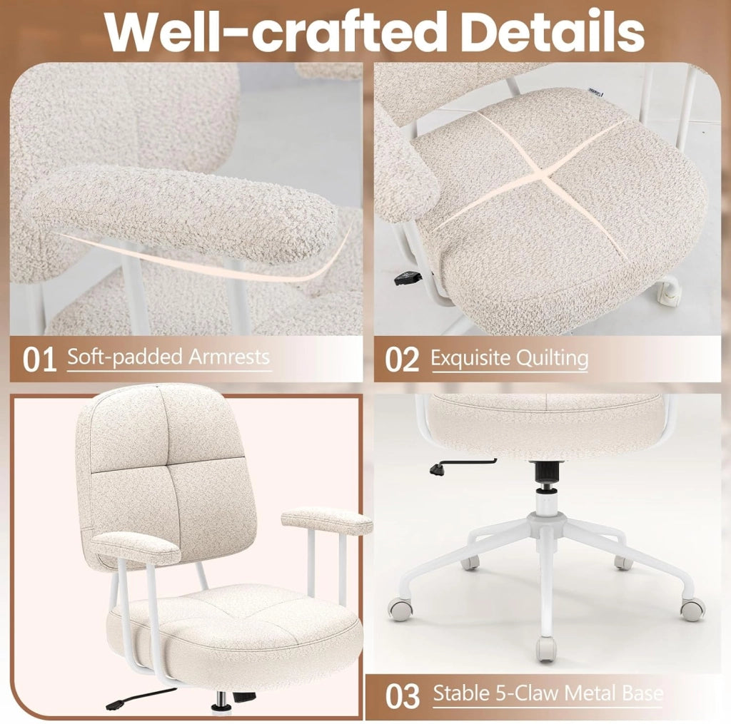 Sedia da ufficio, sedia da ufficio in ciniglia, pratica maniglia, sedia imbottita girevole a 360°, altezza seduta regolabile, carico di 150 kg, base stabile a 5 artigli (beige)
