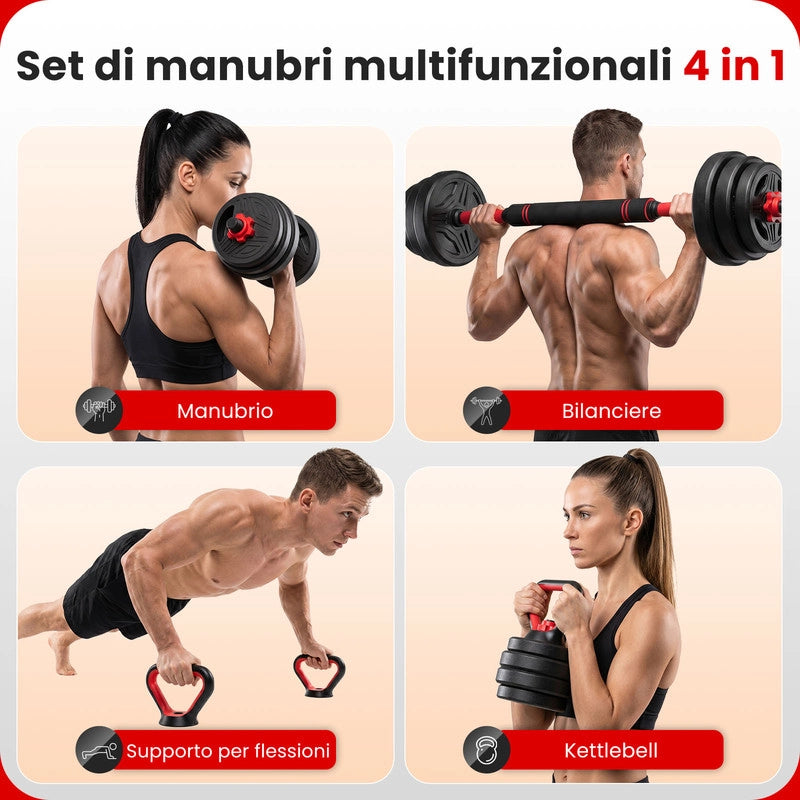 Set Manubri Regolabili 4 in 1 Multifunzionale, Trasformabile in Bilanciere Kettlebell Supporto Flessioni, Dadi Blocco Sicuro, Risparmio Spazio