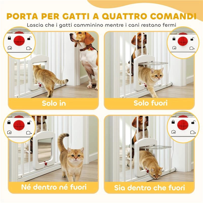 CANCELLO PER CANI E GATTI ESTENSIBILE CON GATTAIOLA INTEGRATA, IN ACCIAIO E ABS, 75-85X2X76 CM, BIANCO