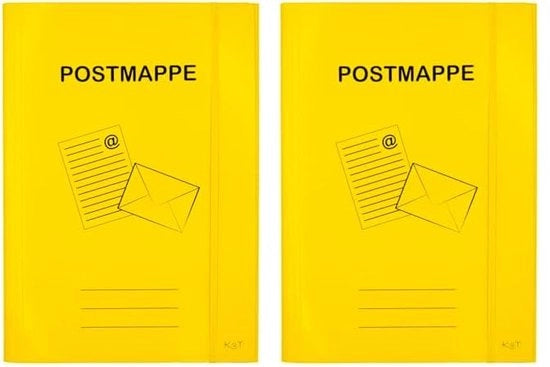 Confezione di 2 postmappe A4 di cartone rigido, gialle, con cinturino elastico largo e 3 chiusure interne