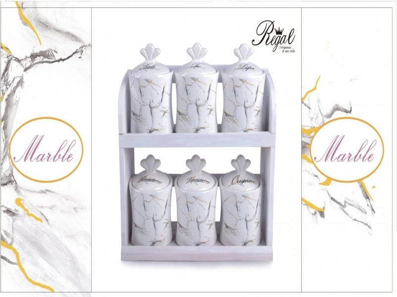 Set 6 Barattoli da Cucina Spezie in Ceramica + Mensola Decoro Marble