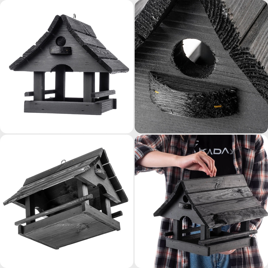 KADAX Grande mangiatoia per uccelli in legno di alta qualità da appendere, colore grigio, ideale come regalo.