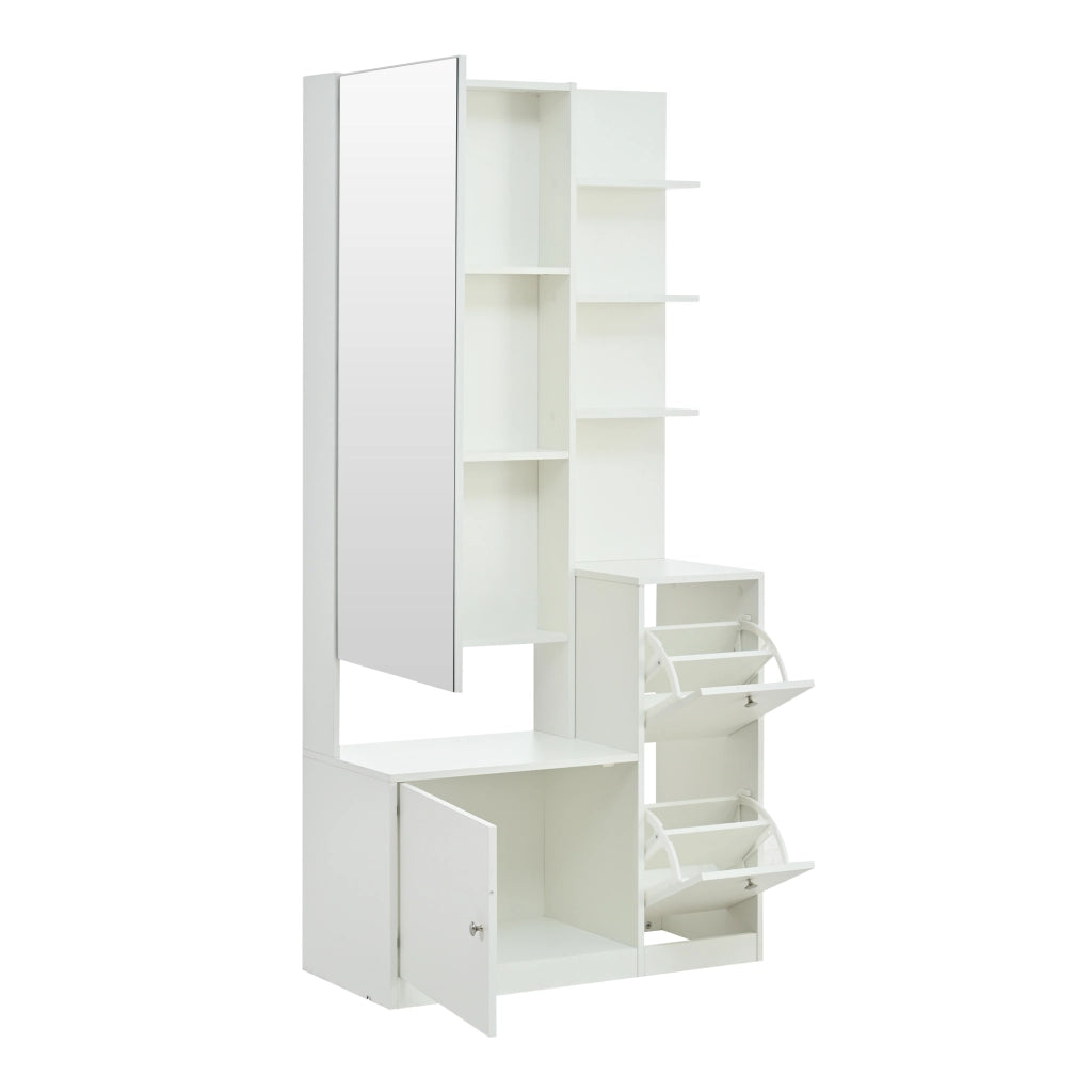 Mobile da ingresso con specchio, 2 scarpieri a ribalta e 5 vani aperti, in pannello truciolare bianco, 85 × 40 × 180 cm