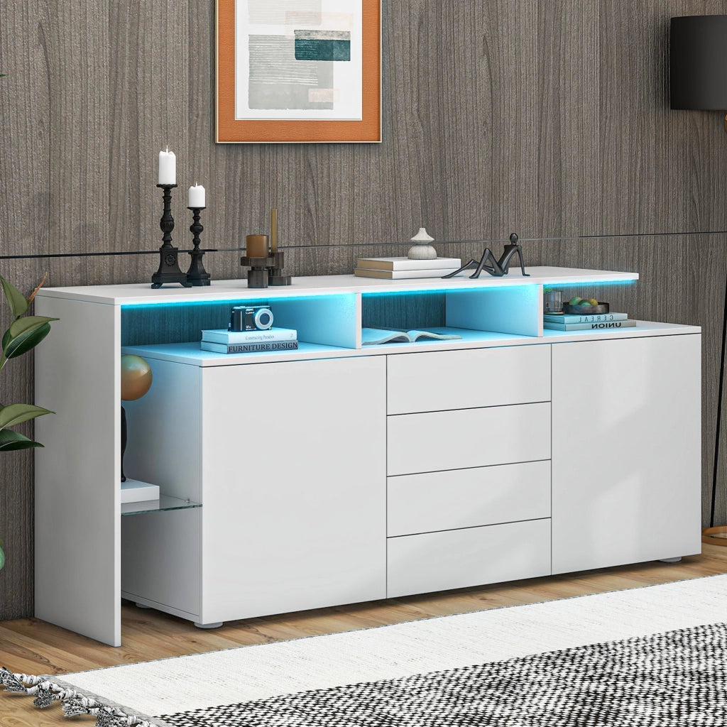 Credenza LED 2 ante 4 cassetti 1 nicchia per soggiorno, bianco, 160 × 35 × 70 cm