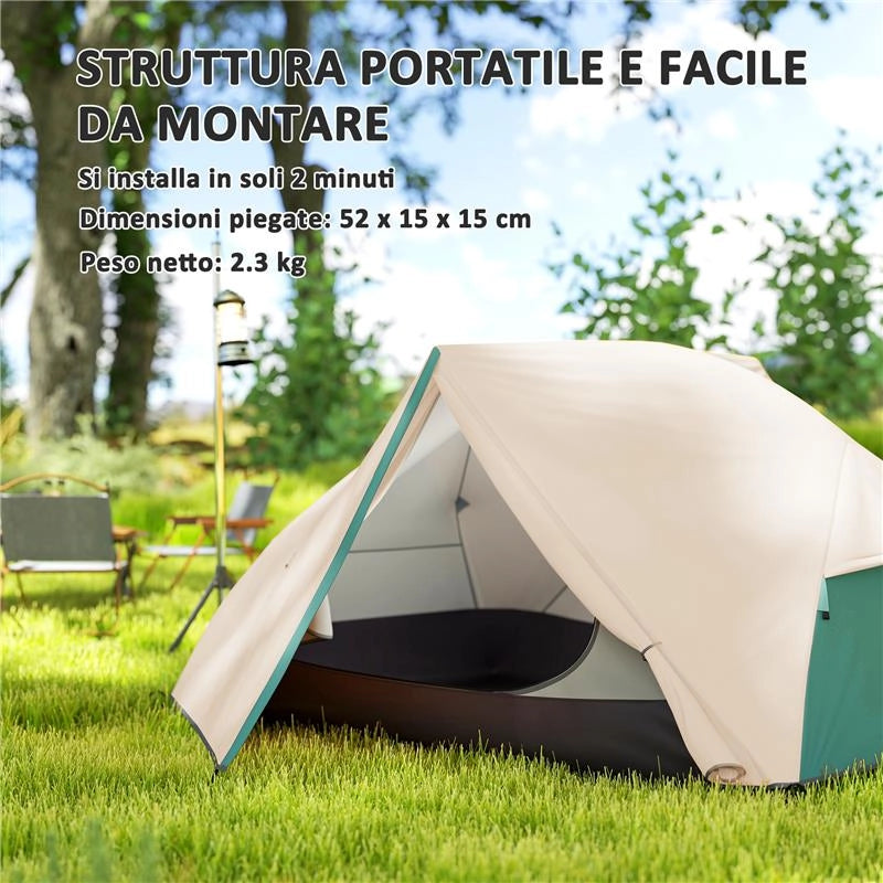 TENDA DA CAMPEGGIO 2 POSTI CON 2 VESTIBOLI 2 PORTE 2 FINESTRE E BORSA DI TRASPORTO 2.8X2.25X1.1 CM BEIGE