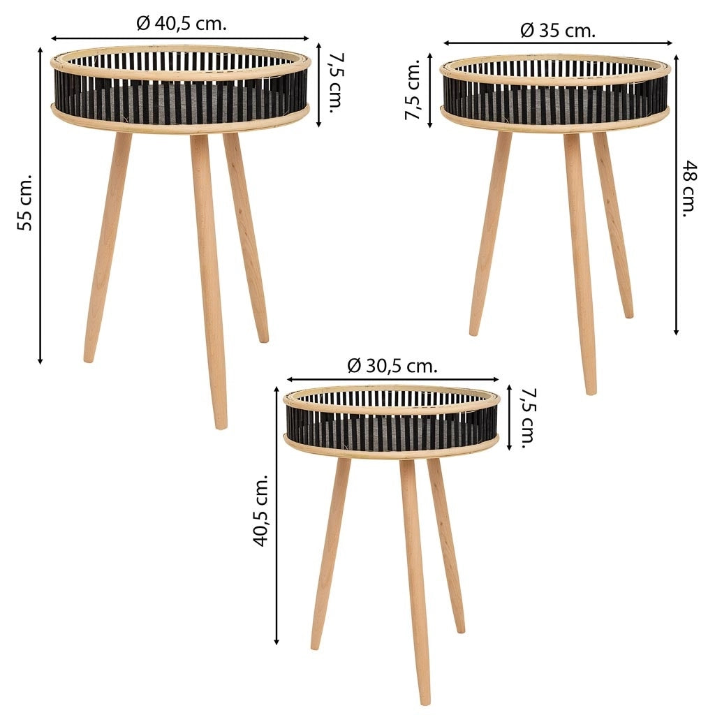 Set di 3 tavolini angolari in bambù nero e legno