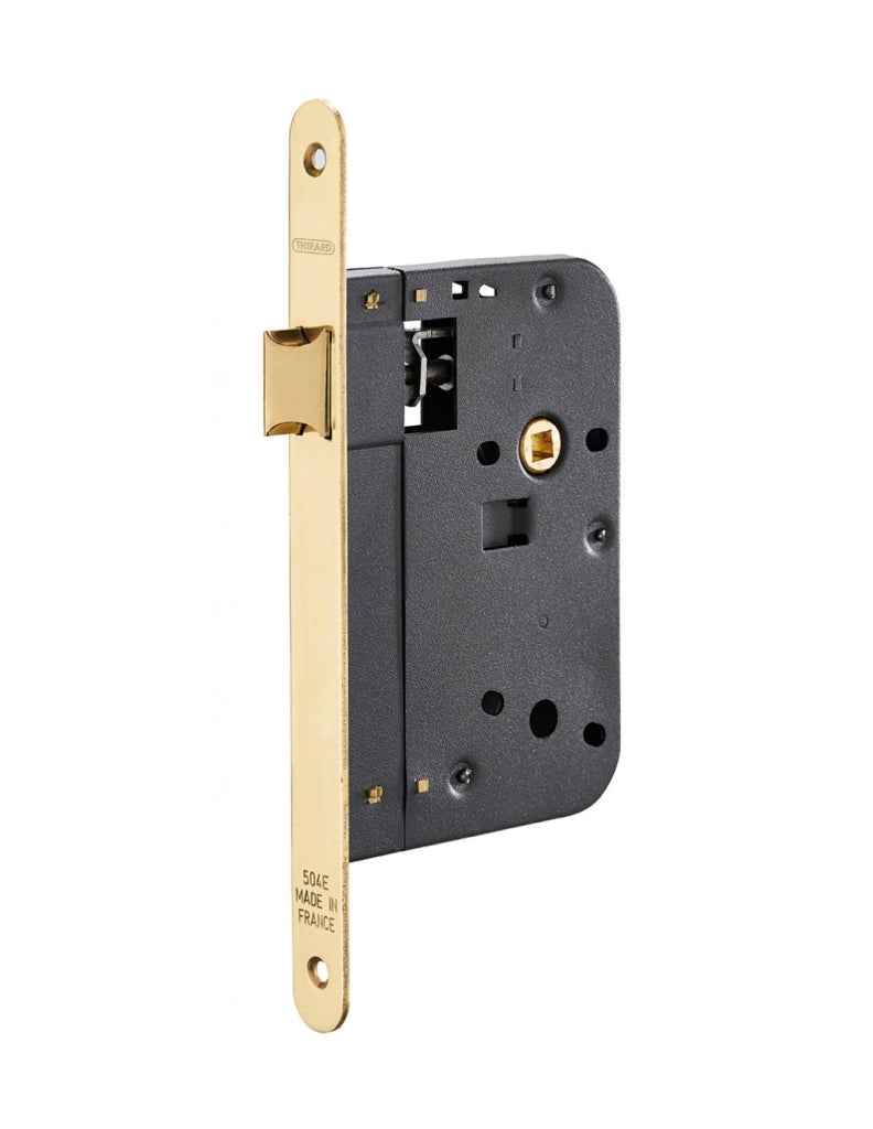 Serratura da incasso con scrocco, asse 70 mm, frontale in ottone lucido verniciato – THIRARD