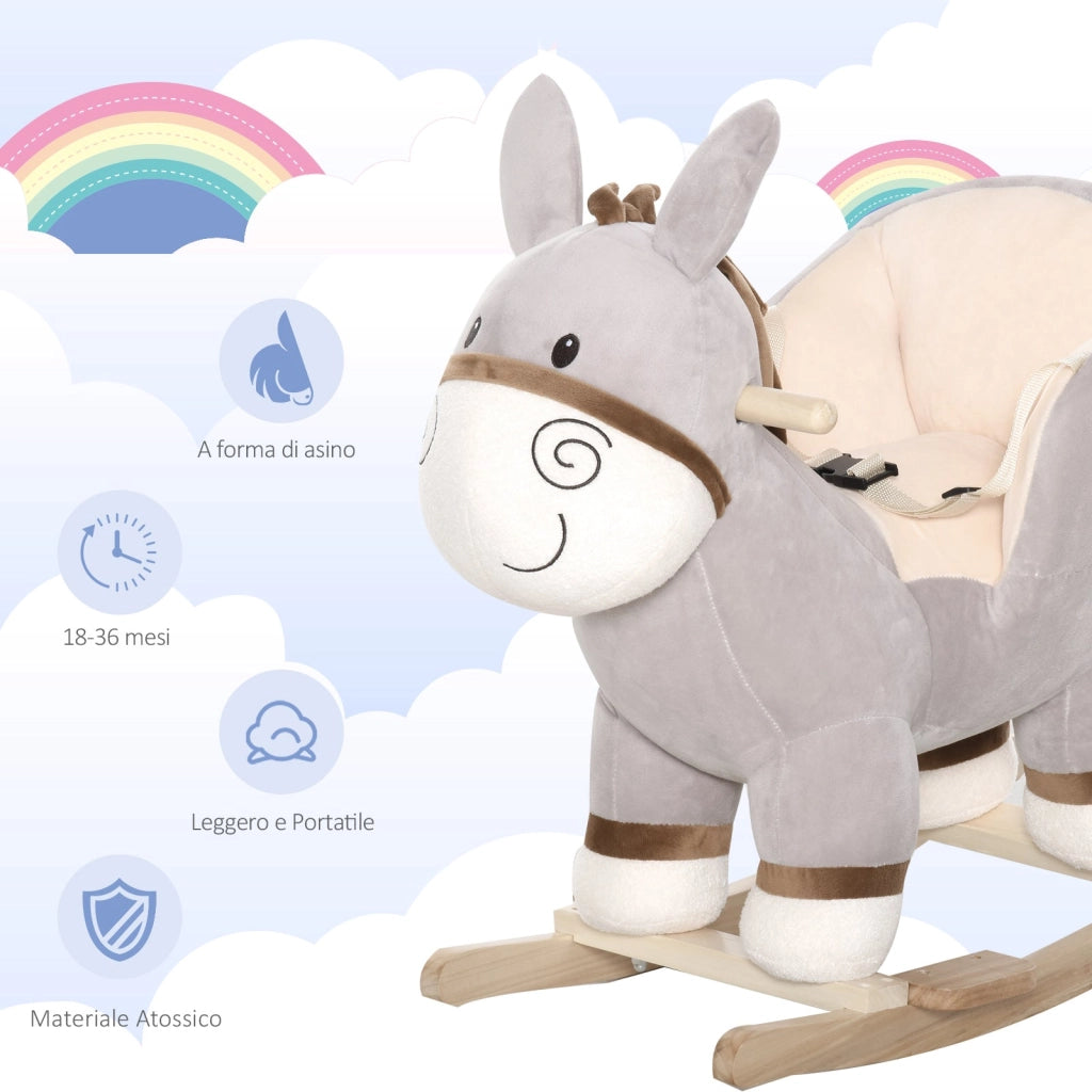 Dondolo per Bambini in Legno Asino in Peluche con Suono