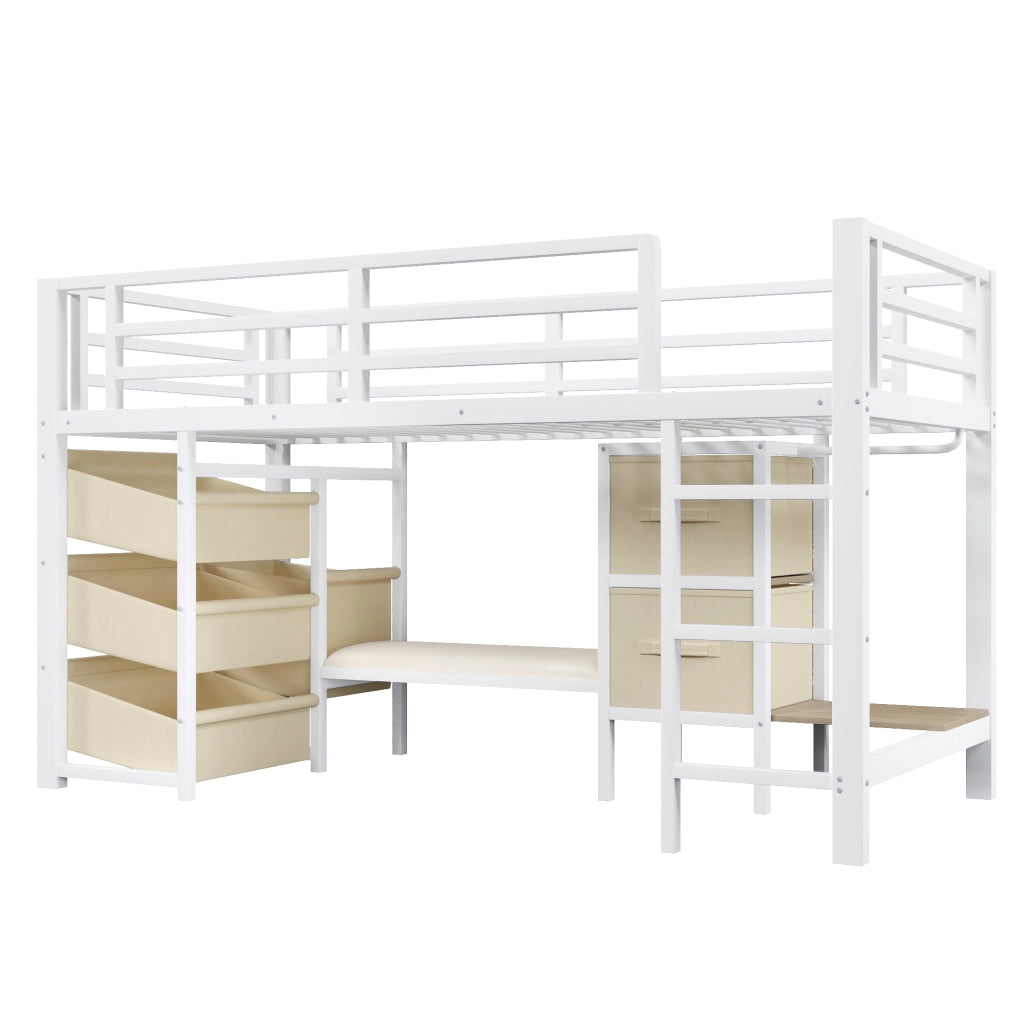DESMIU Letto Rialzato 1 Posto con Cuscino Seduta, Cassetto, Tasca Contenitore e LED 90 × 200 cm senza Materasso