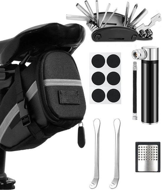 Kit di riparazione bicicletta - Zadeltas - Multitool pompa bicicletta - Riparare in viaggio - 16-in-1 strumento - 120 psi pompa - Nero