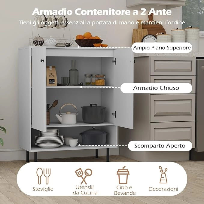 Credenza da Cucina, Armadietto da Terra Salvaspazio con 1 Ripiano Regolabile e 1 Vano, Mobiletto in Legno per Bagno, Soggiorno, Cucina, Ingresso, 75 x 35 x 95 cm, Portata 110 kg (Bianco)