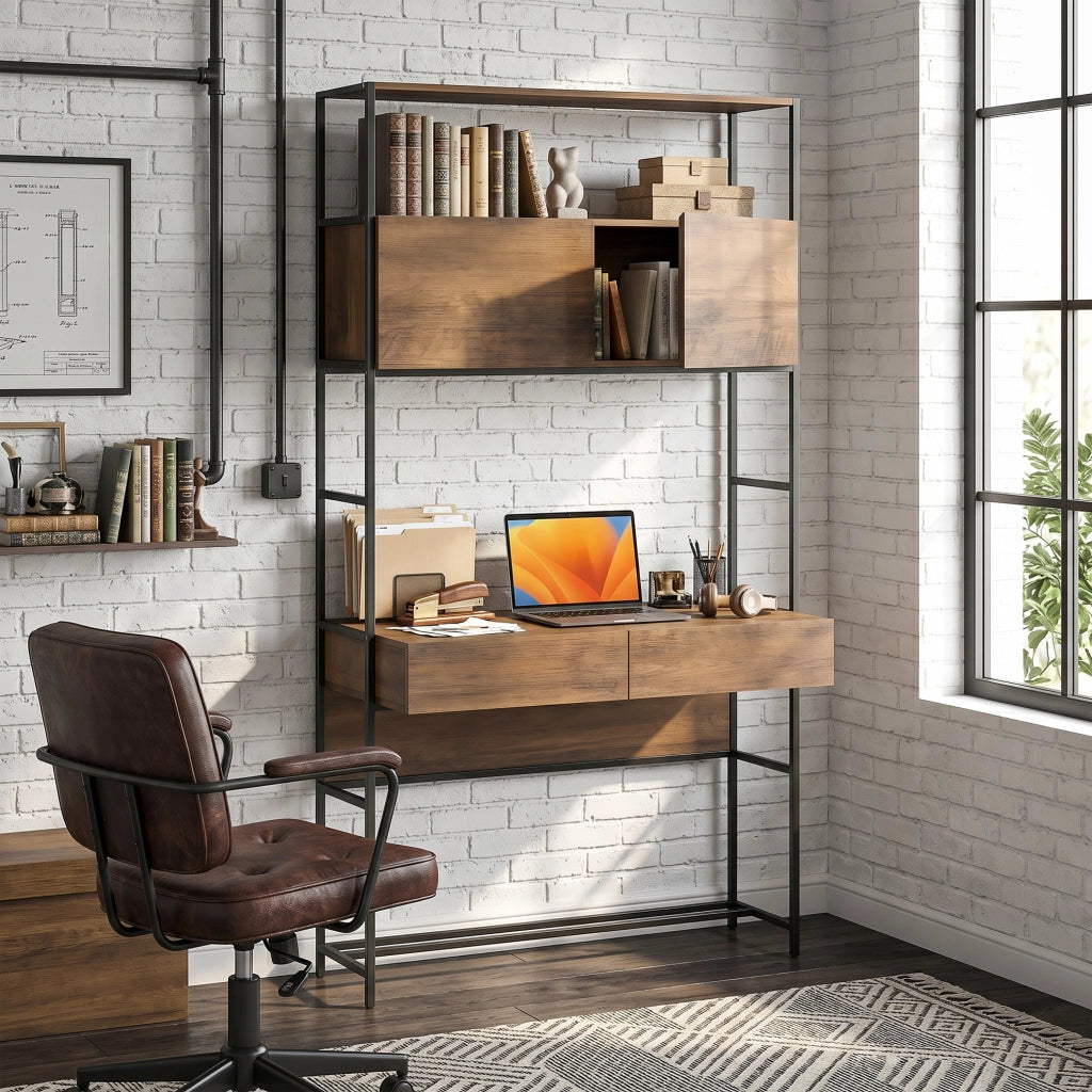 Scrivania con 2 cassetti e scaffale ¨C Xylo ¨C 100x45x185 cm, legno marrone