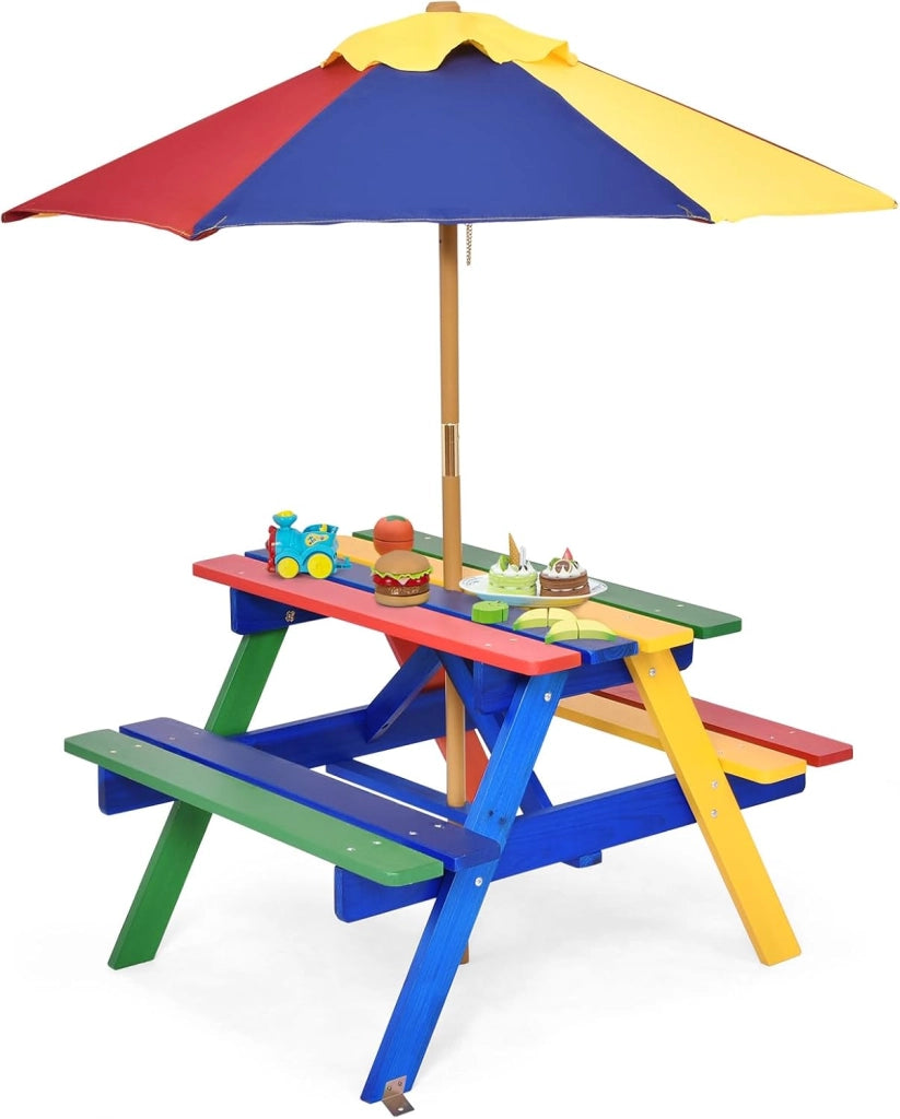 Set di mobili da giardino in legno per bambini, con ombrellone, tavolo da picnic per bambini con protezione UV e impermeabile, tavolo da giardino e panca, set di mobili da giardino per esterni