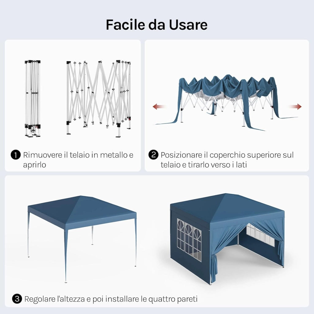 Gazebo da Giardino Richiudibile 3x3m Gazebo da Esterno Ferro Regolabile in Altezza Tendone Pieghevole con Telo Idrorepellente, Protezione Solare, Facile Montare Blu