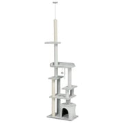 Albero Tiragraffi per Gatti a Soffitto con Piattaforme e Casetta, 60x40x225-255cm, Grigio