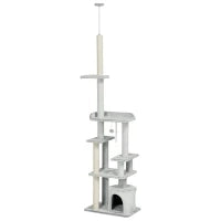 Albero Tiragraffi per Gatti a Soffitto con Piattaforme e Casetta, 60x40x225-255cm, Grigio