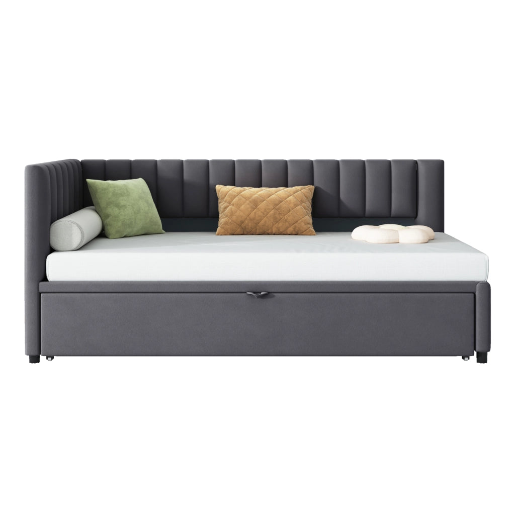 OKWISH Letto a Divano 90×200 cm, Letto Singolo con Letto Estraibile e Testiera, 90×200 cm e 180×200 cm, senza Materasso, Grigio