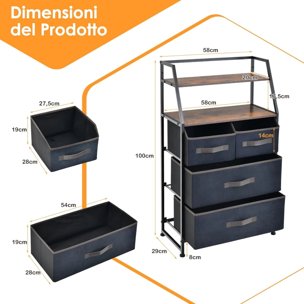 Cassettiera con 4 Cassetti in Tessuto, Mobiletto Contenitore con 2 Ripiani Aperti, Comò per Camera da Letto Armadio Soggiorno e Ingresso, Stile Industriale