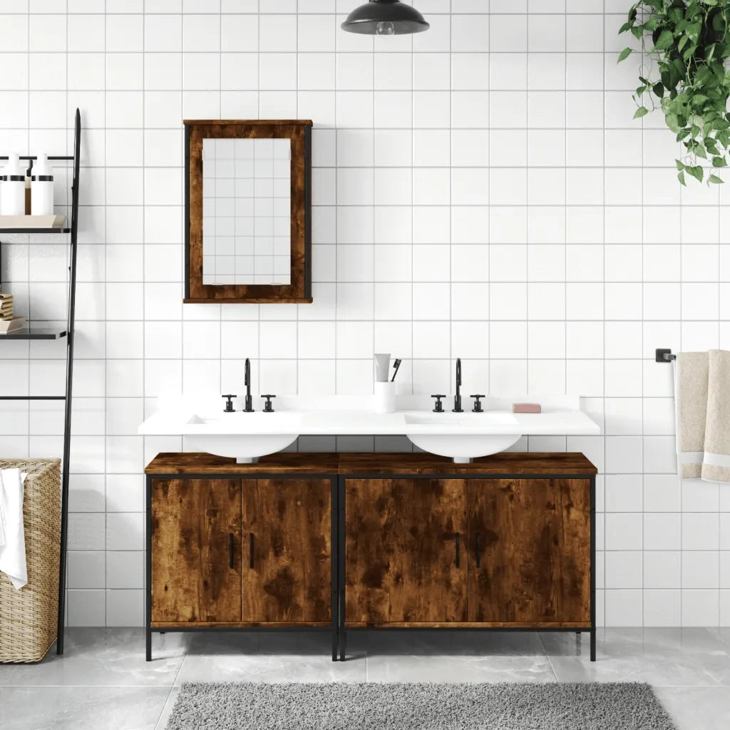 Set Mobili da Bagno | Armadio da bagno 3 pz Rovere Fumo in Legno Multistrato