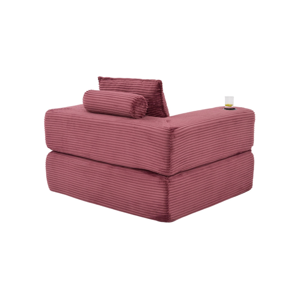 Divano letto modulare con tasche laterali e portabicchieri in velluto a coste rosso vino 122 × 98 × 80 cm