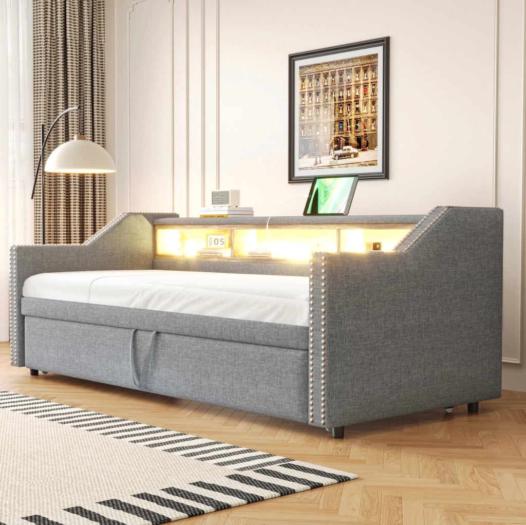 Divano letto estraibile imbottito 90/180 x 190 cm con LED e presa USB; grigio chiaro