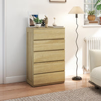 Cassettiera 5 Cassetti 60x39x100 cm in Legno con Guide in Metallo e Maniglie Scanalate color Faggio