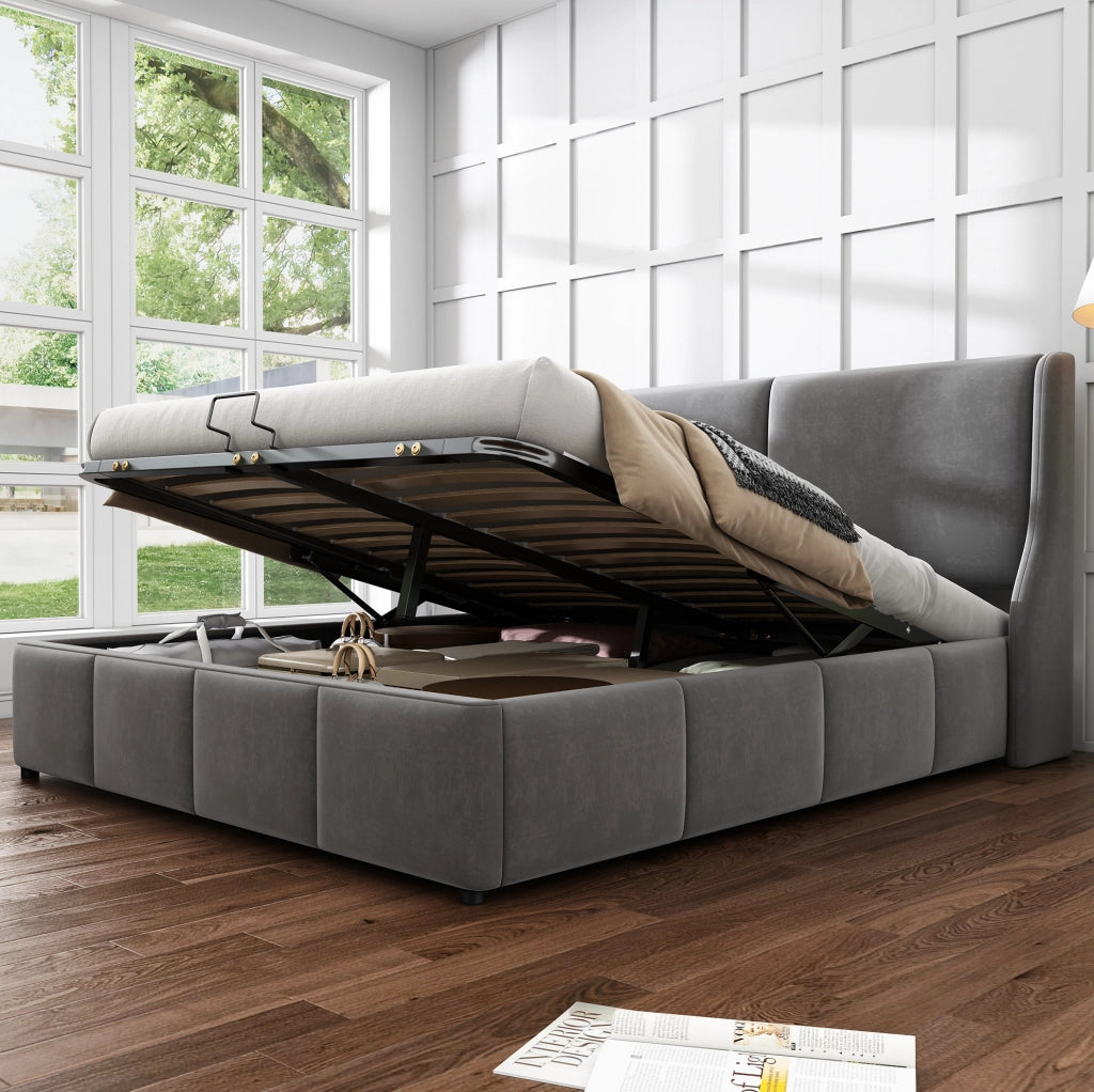 Letto imbottito matrimoniale con testiera a orecchie, contenitore idraulico, 140x190 cm, grigio