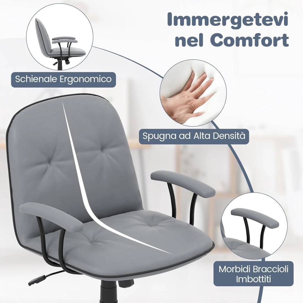 Sedia Ufficio Ergonomica con Altezza Regolabile, Poltrona Scrivania Girevole, Sedia con Braccioli Imbottiti e Ruote, Funzione Dondolo, per Ufficio Scrivania Studio (Grigio)