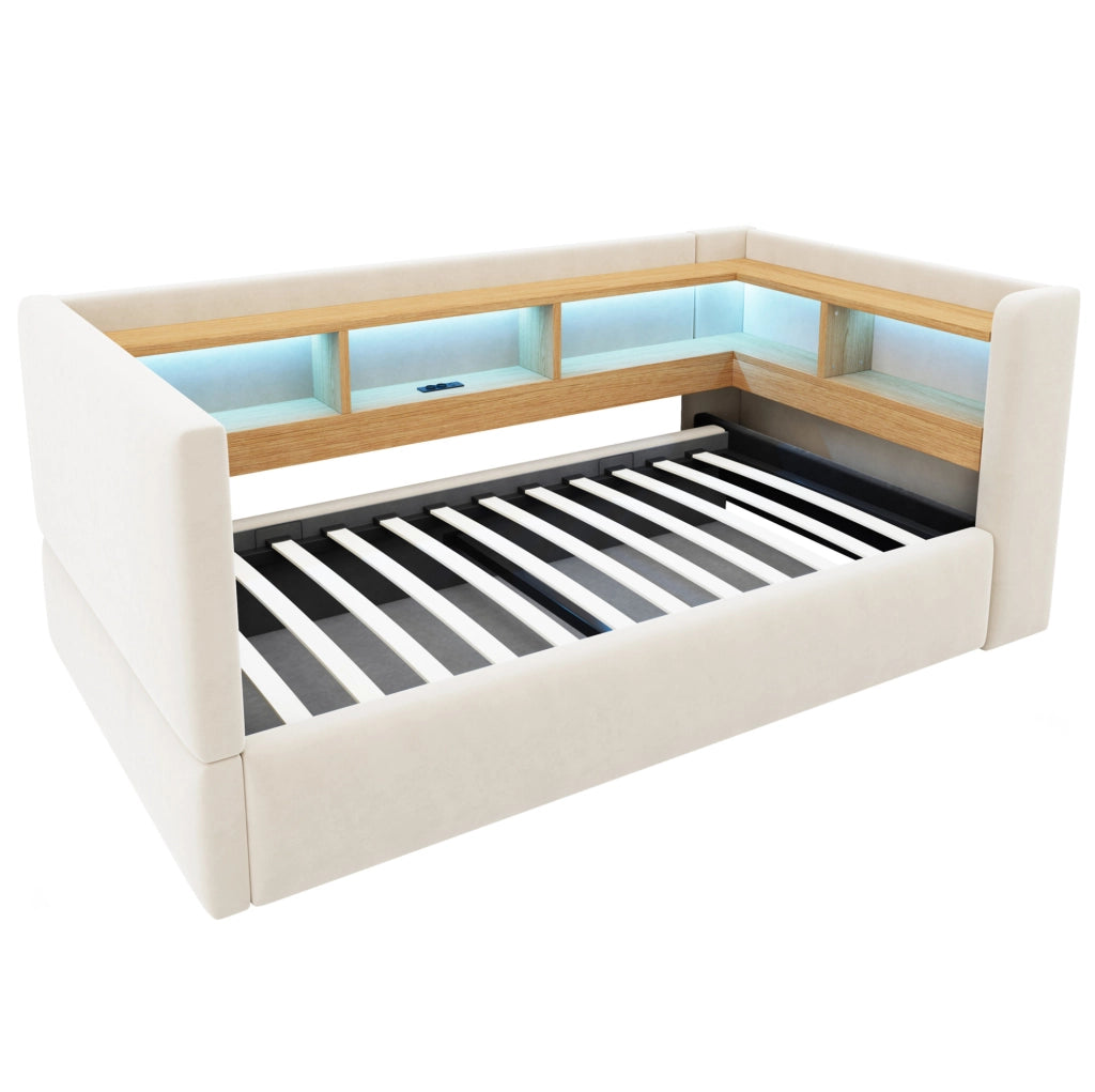 Divano letto imbottito 90x190 cm con contenitore idraulico; LED e prese; beige
