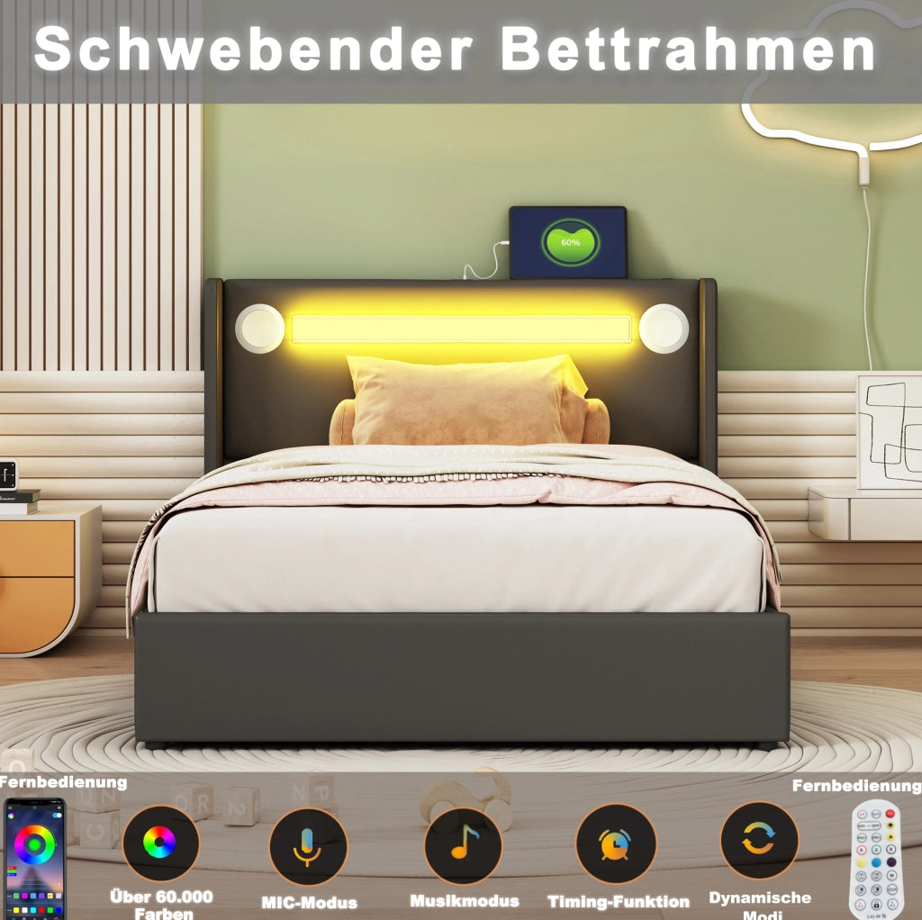 Letto imbottito per bambini 90x200 cm in PU nero con LED; Bluetooth e contenitore