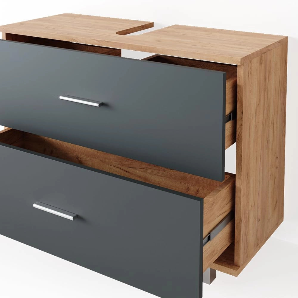 Set mobili bagno Ilias, Antracite/quercia dorata, 80 cm, composto da mobile sottolavabo, specchiera e mobile medio