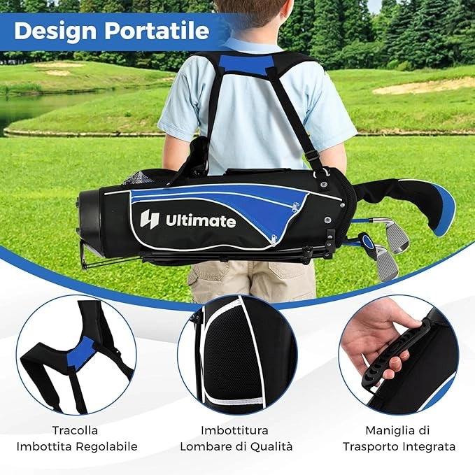 Set Completo di Mazze da Golf per Bambini, Inculude Fairway 3, Ferri 7 e 9, Putter, Copritesta, Borsa Portatile e Cappuccio Antipioggia, Set da Golf per Destrimano(Per 11-13 Anni)
