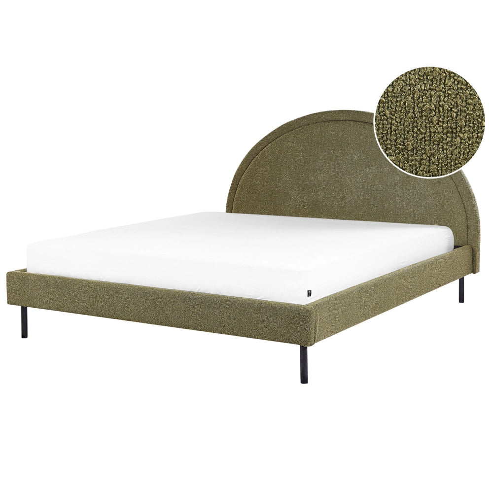 Letto matrimoniale in poliestere bouclè verde imbottito con base a doghe e testiera rotonda 160 x 200 cm minimalista retrò