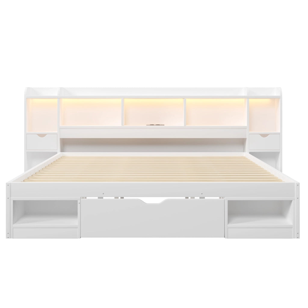 Letto contenitore 180x200 cm bianco con testiera a libreria, LED e porta USB