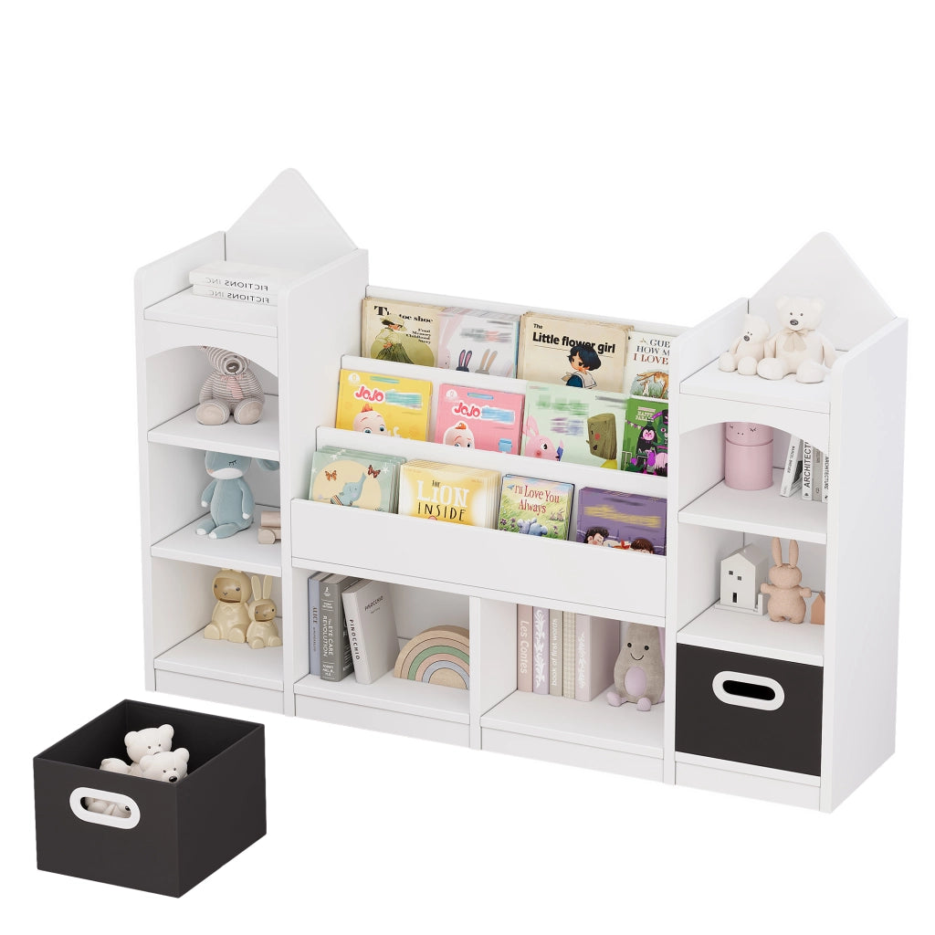 Libreria per bambini con 2 scatole pieghevoli, design a castello, bianco, MDF