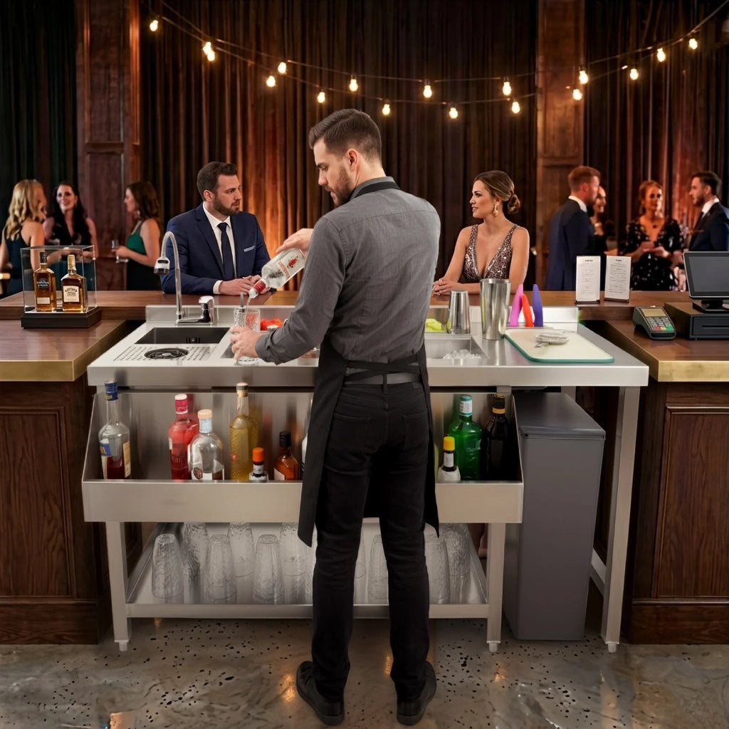 Postazione Bar Cocktail Premium Acciaio Inox Vano Ghiaccio Lavello Speed Rail