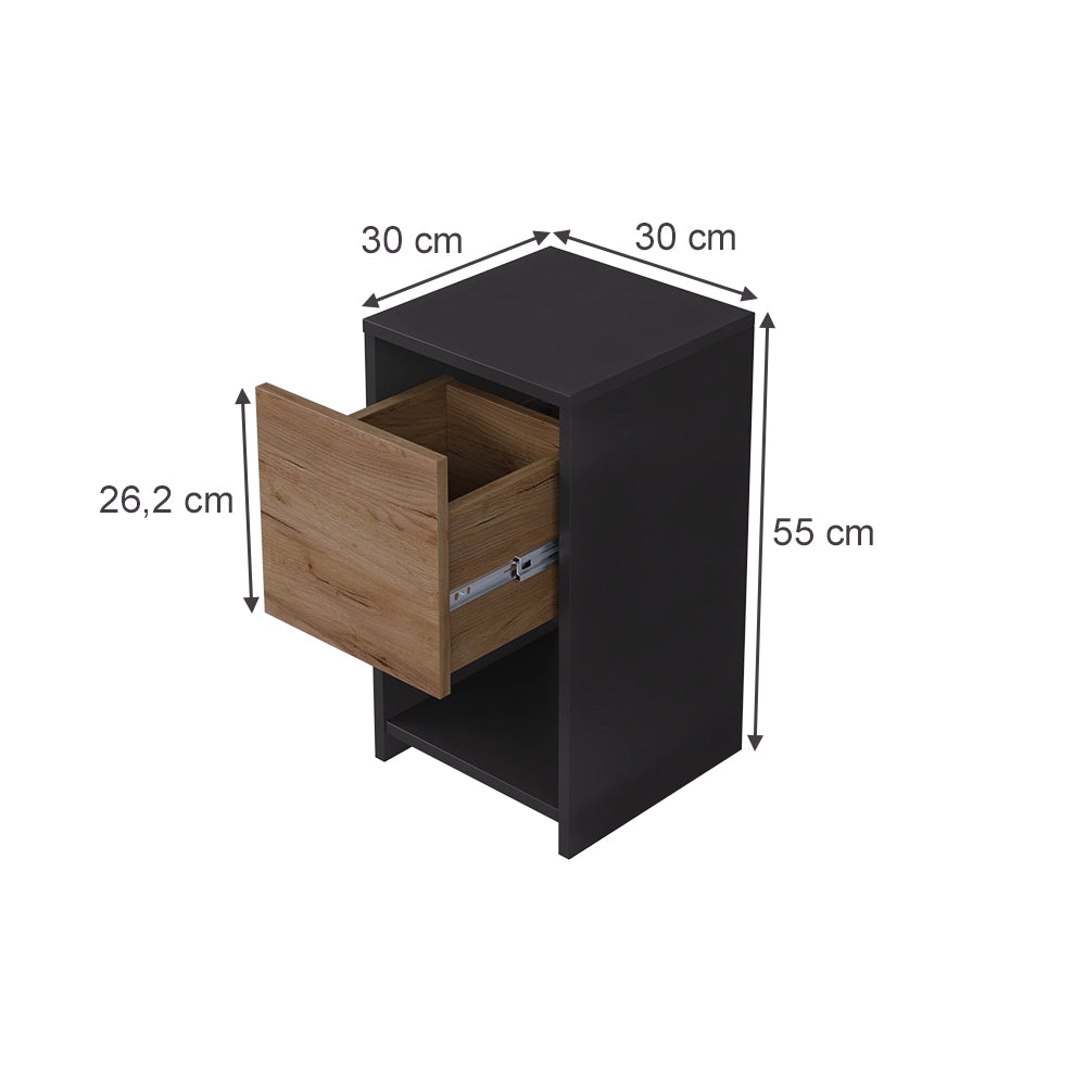 Vicco Comodino Antracite/quercia dorata 30 x 55 cm con 3 cassetti