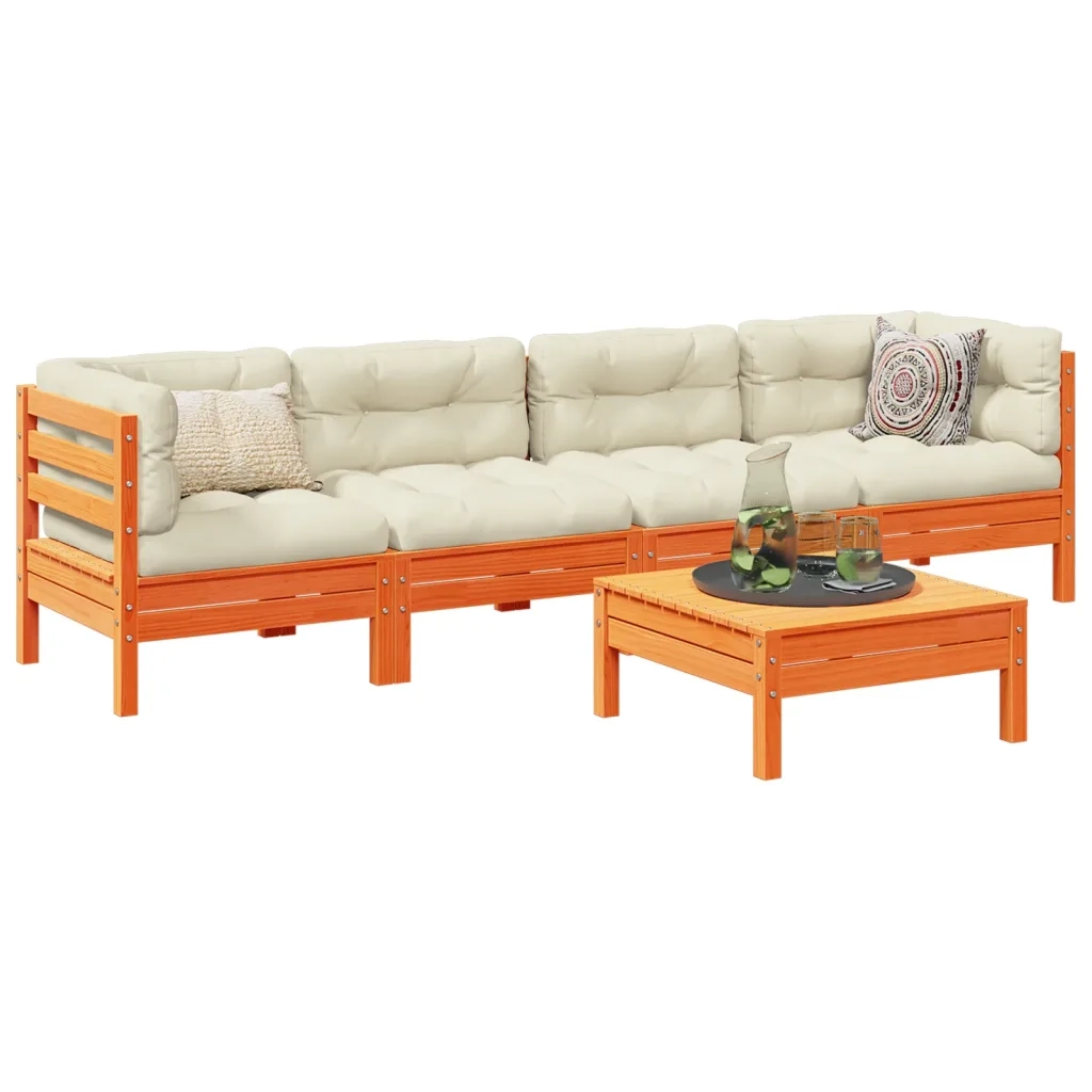 Set Divani Giardino 5pz con Cuscini Marrone Cera Massello Pinocod mxl 92676